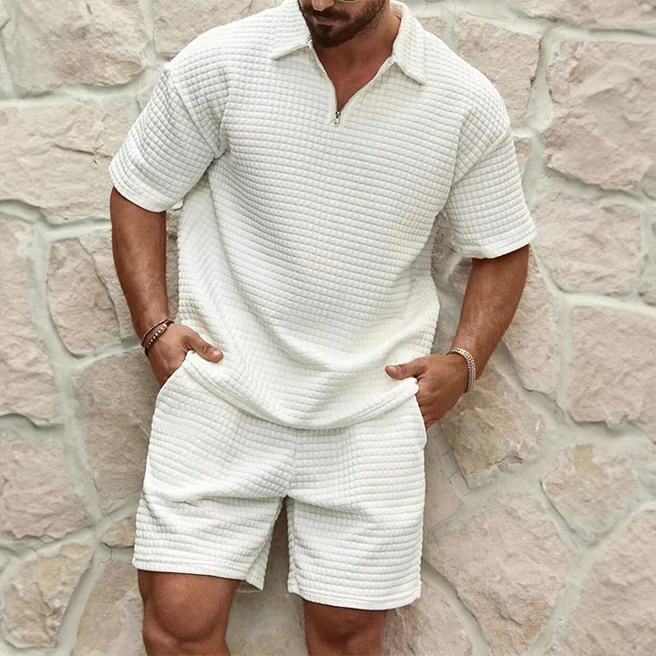 Men's summer co-ord set: textured short sleeve top & matching shorts. Ideal for casual vacation outfit.