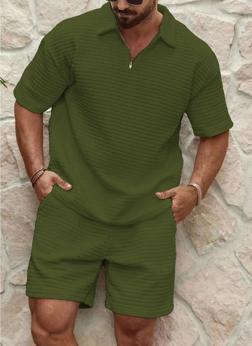 Men's textured summer co-ord set, featuring a short sleeve top & shorts. Great for casual & vacation wear.