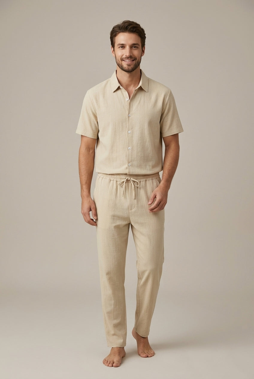 Men's textured short sleeve shirt & matching drawstring trousers set. Casual, relaxed fit for stylish men's weekend wear.