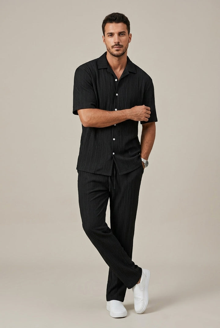 Relaxed fit men's textured short sleeve shirt and drawstring pants set. Comfortable, stylish casual men's apparel.