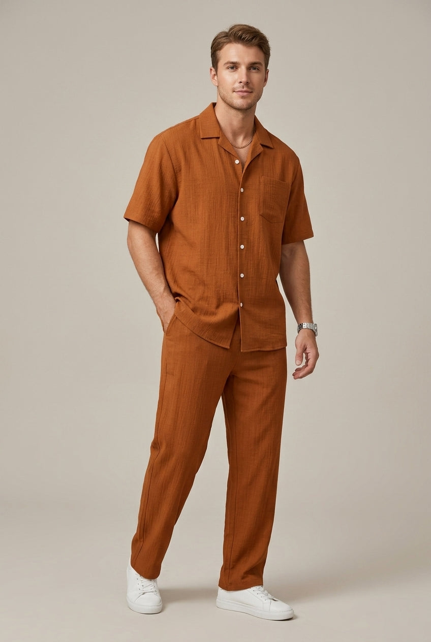 Men's matching set featuring a textured short sleeve shirt & drawstring trousers. Perfect men's casual outfit.