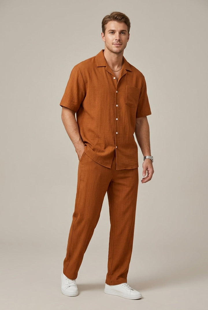 Men's matching set featuring a textured short sleeve shirt & drawstring trousers. Perfect men's casual outfit.