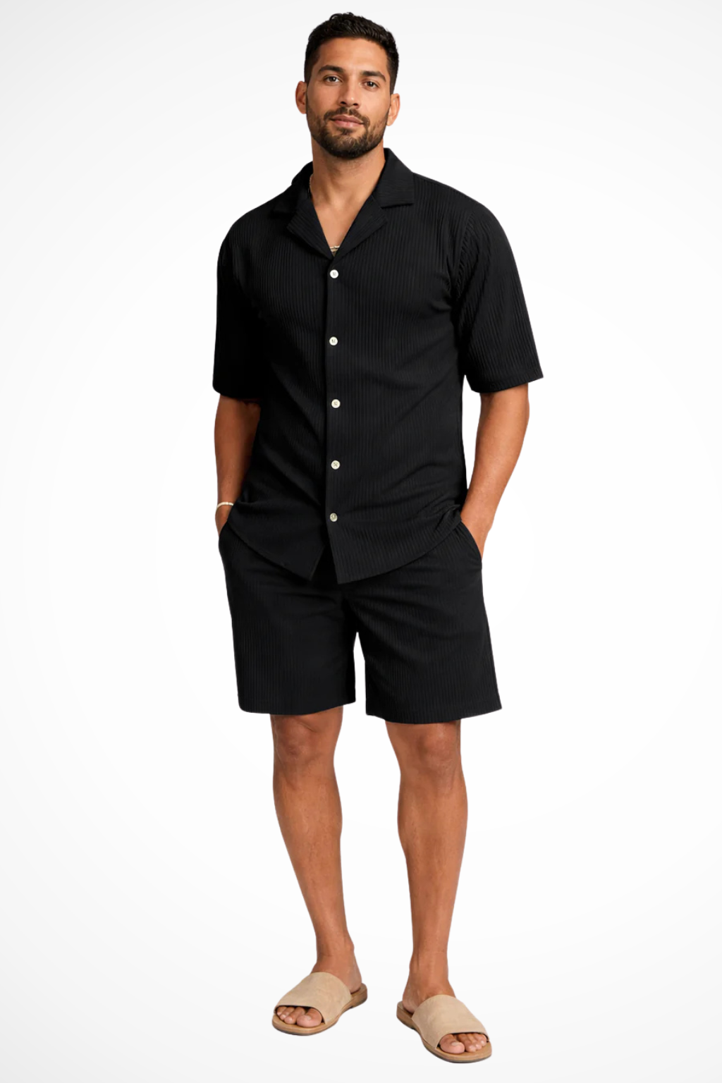 Men's textured short sleeve shirt & matching shorts summer outfit set. Relaxed fit two-piece casual wear.