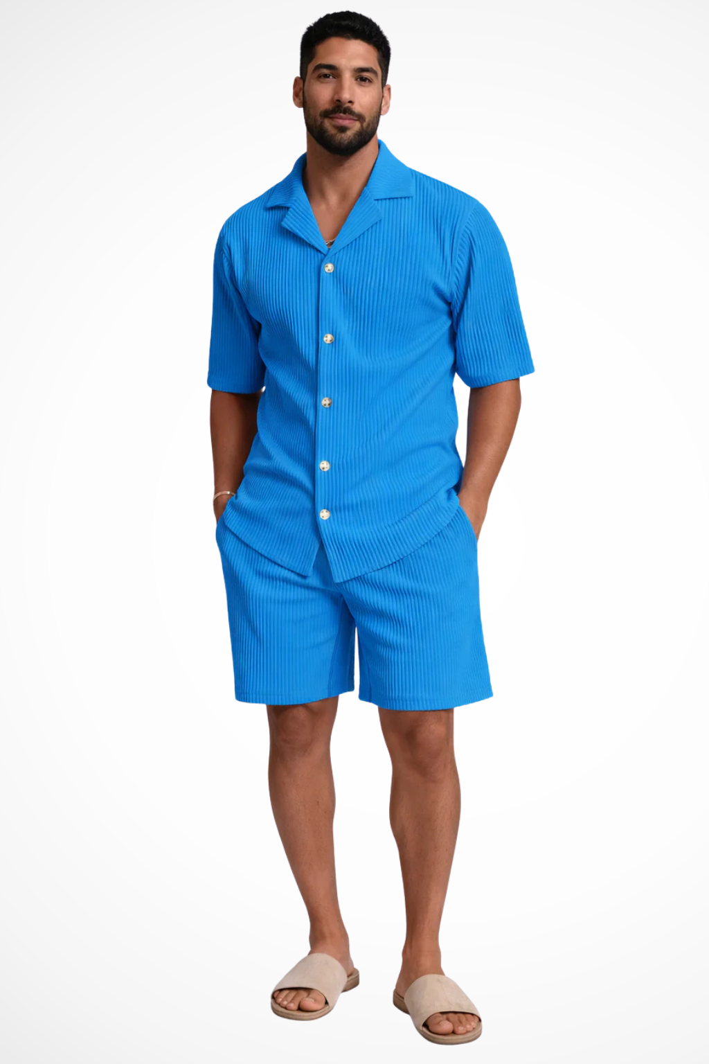 Stylish men's textured short sleeve button-up shirt & shorts co-ord set. Perfect casual summer fashion.
