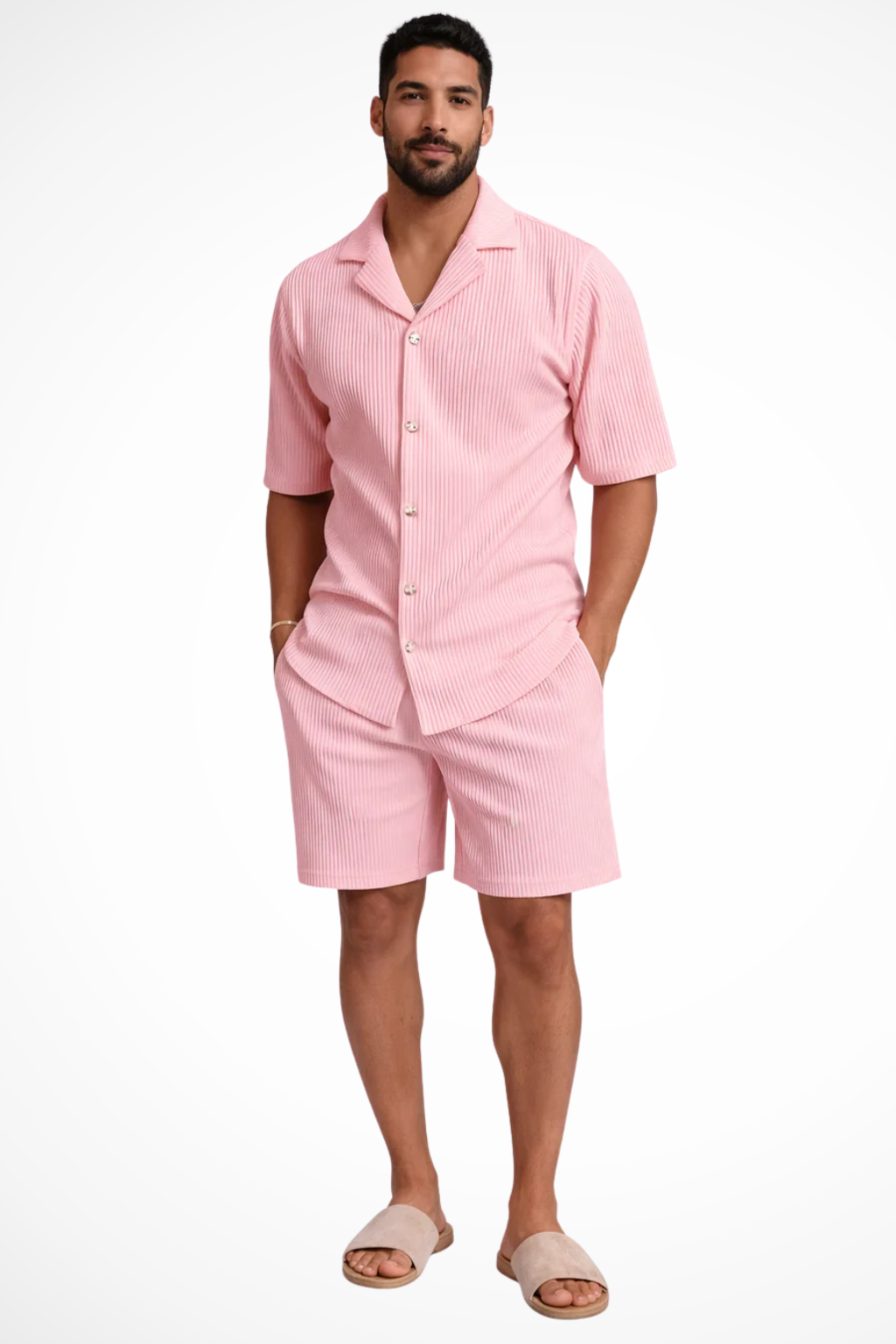 Relaxed fit men's two-piece summer outfit. Textured short sleeve shirt & matching shorts for warm weather daywear.
