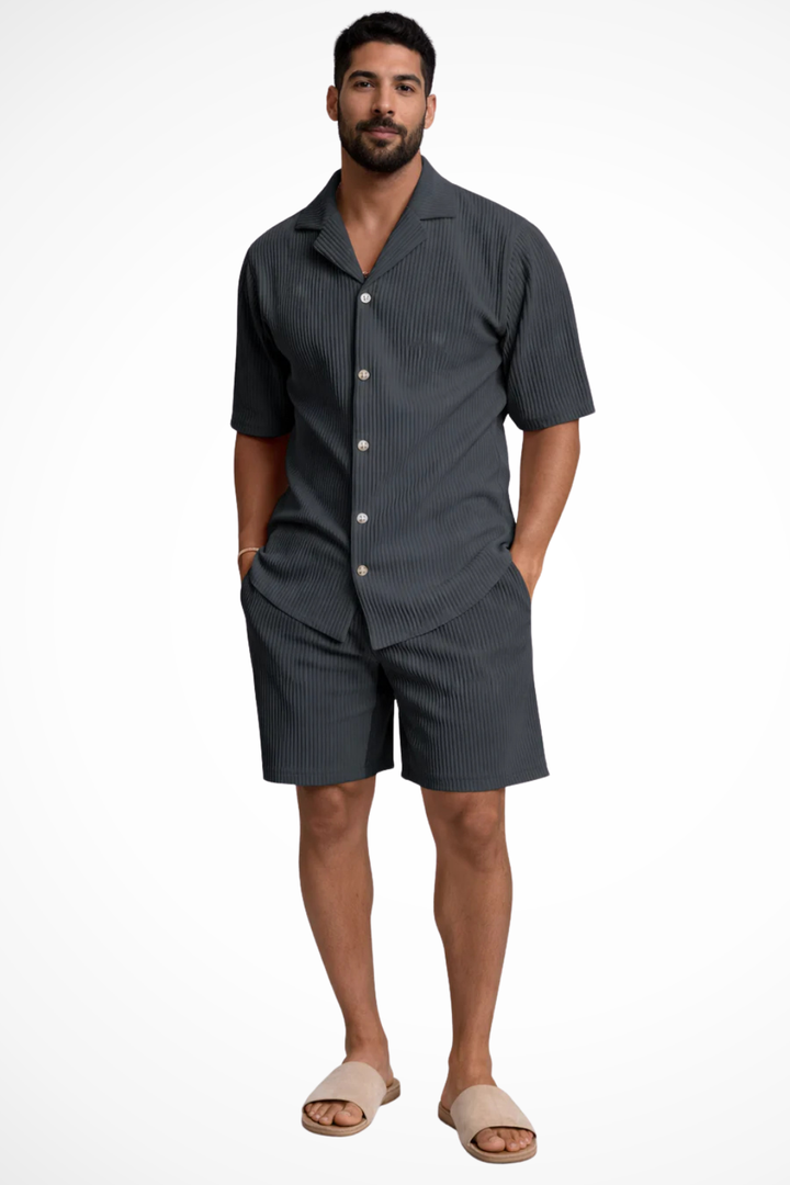 Casual men's textured short sleeve shirt & shorts set. Comfortable button-up co-ord for summer adventures.