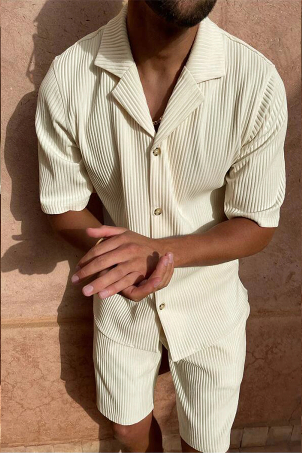Men's fashion textured short sleeve shirt and shorts ensemble. Ideal relaxed fit co-ord set for summer.