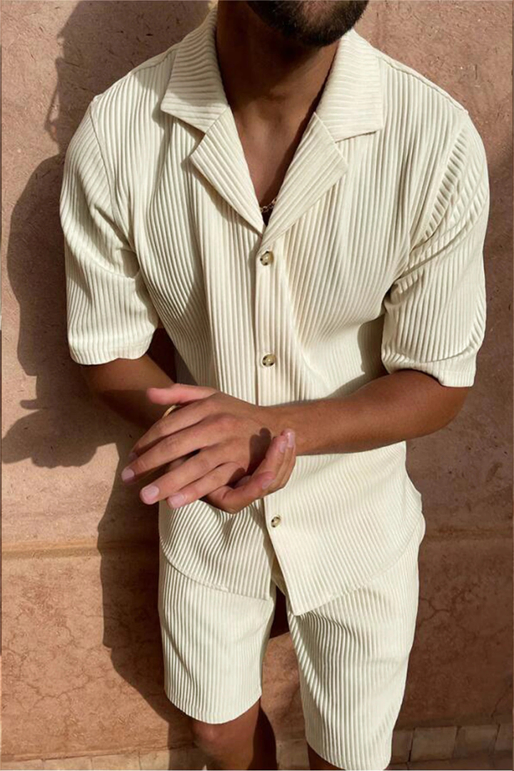Men's fashion textured short sleeve shirt and shorts ensemble. Ideal relaxed fit co-ord set for summer.