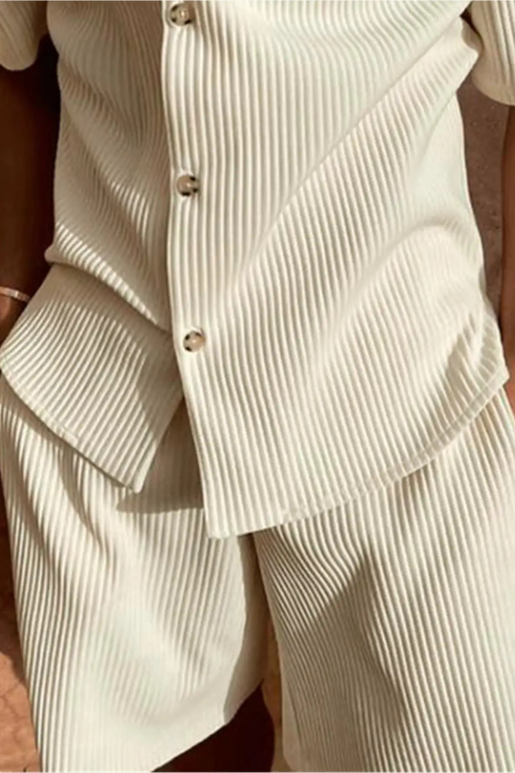 Versatile men's textured short sleeve shirt & shorts summer outfit set. Perfect for casual warm weather styling.