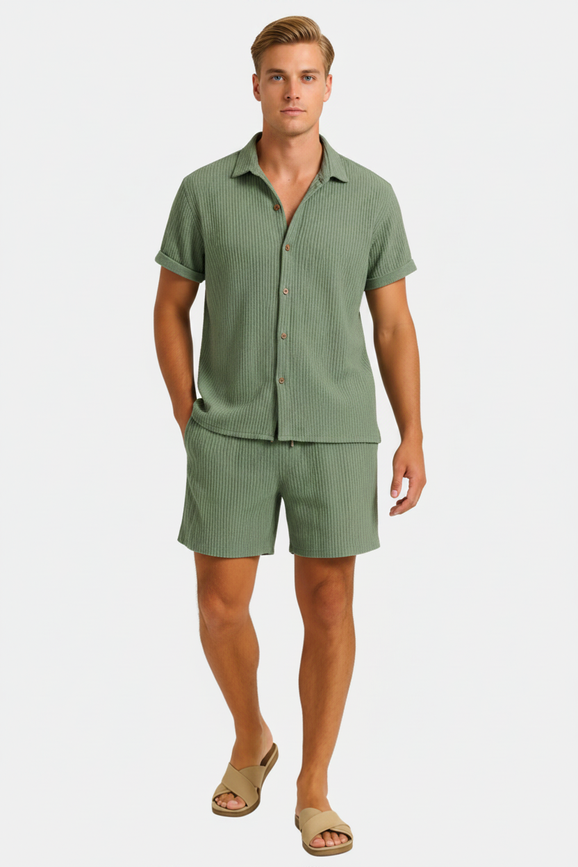 Relaxed fit men's textured summer co-ord set, a stylish matching shirt and shorts combo for beach or casual outings.