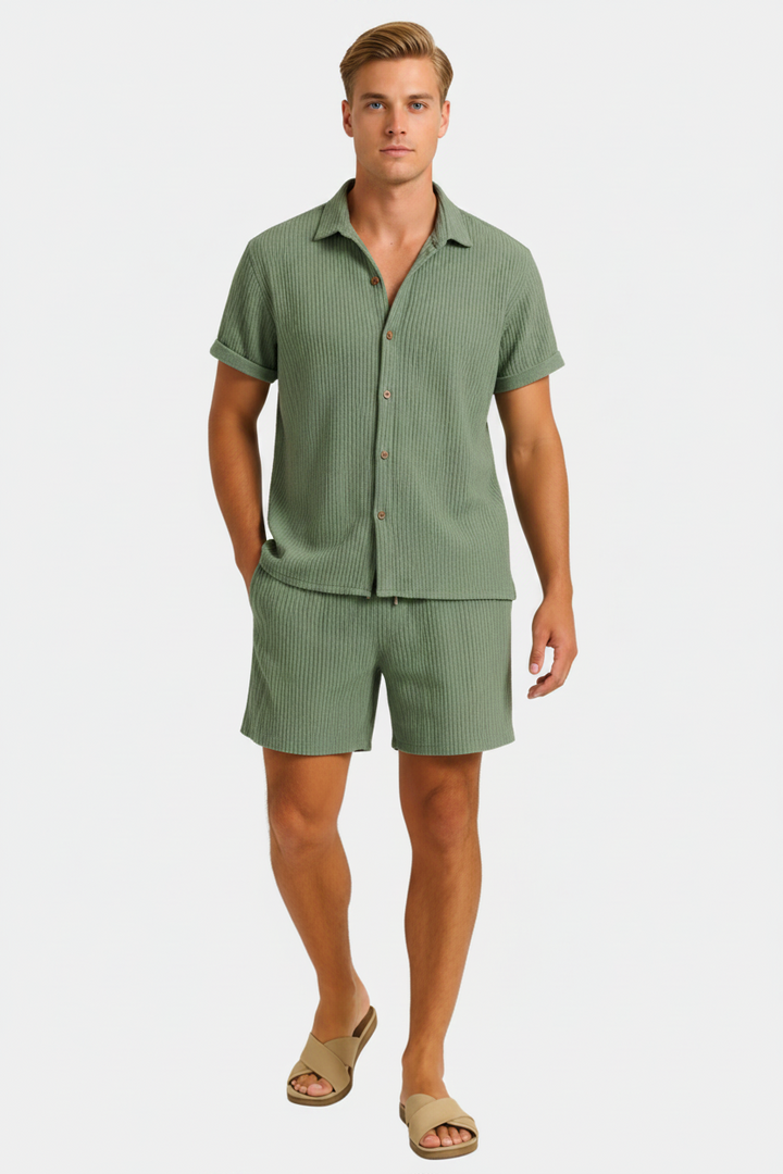 Relaxed fit men's textured summer co-ord set, a stylish matching shirt and shorts combo for beach or casual outings.