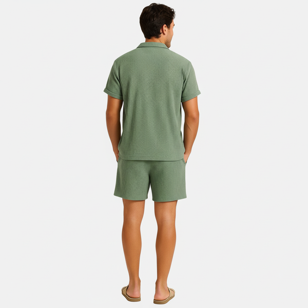 Trendy men's textured summer co-ord set. This comfortable matching shirt and shorts combo offers a relaxed fit.