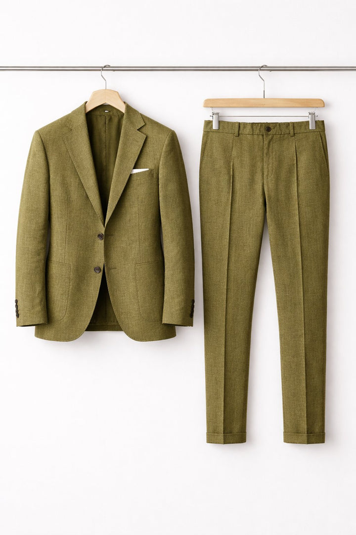 Tailored men's textured suit set. Stylish structured blazer & matching trousers for special occasions.