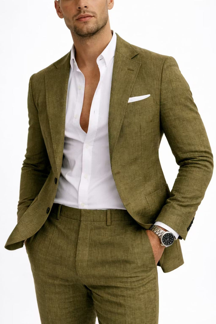 Men's textured trousers, matching a structured blazer. Comfortable formal wear for men.