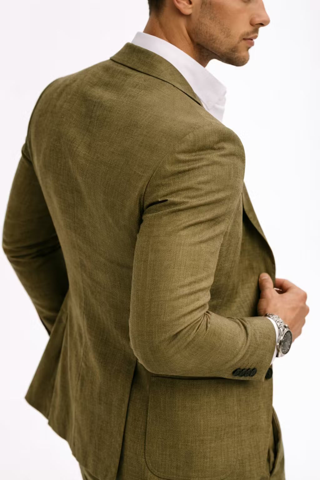 Sophisticated men's textured two-piece suit. Modern structured design for men's formal wear.