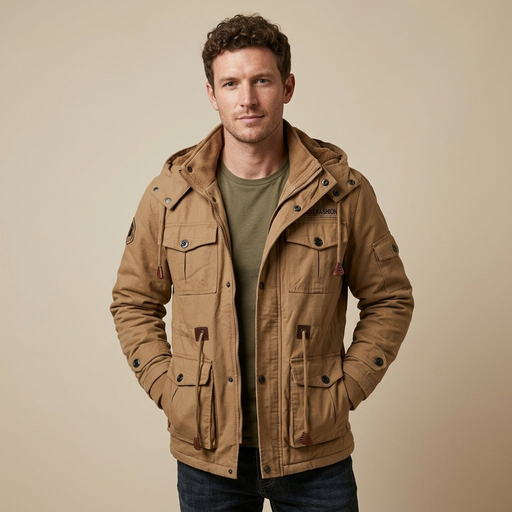 Men's thermal hooded fleece jacket for cozy winter warmth, perfect for outdoor adventures & casual style.