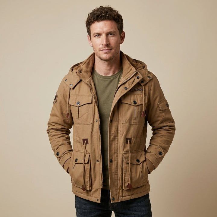 Men's thermal hooded fleece jacket for cozy winter warmth, perfect for outdoor adventures & casual style.