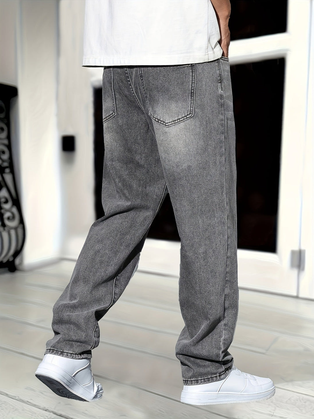 Men's Thijs Classic Straight Fit grey denim jeans, perfect for casual everyday wear. Comfortable & durable.