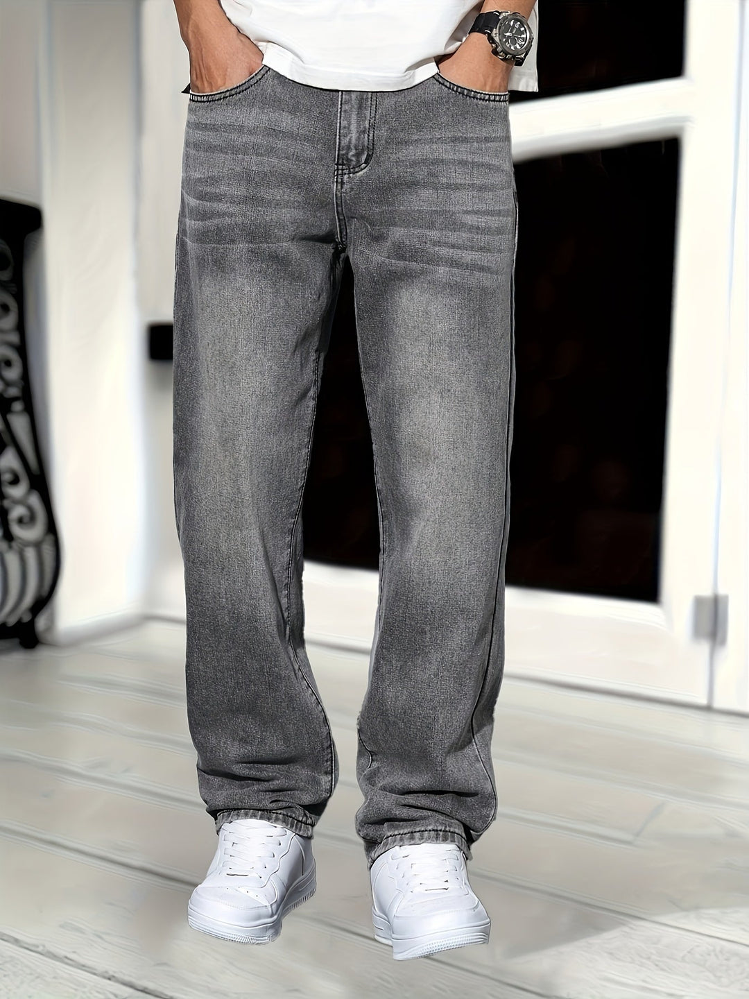 Men's classic straight leg grey denim jeans. Versatile and comfortable for daily outfits.