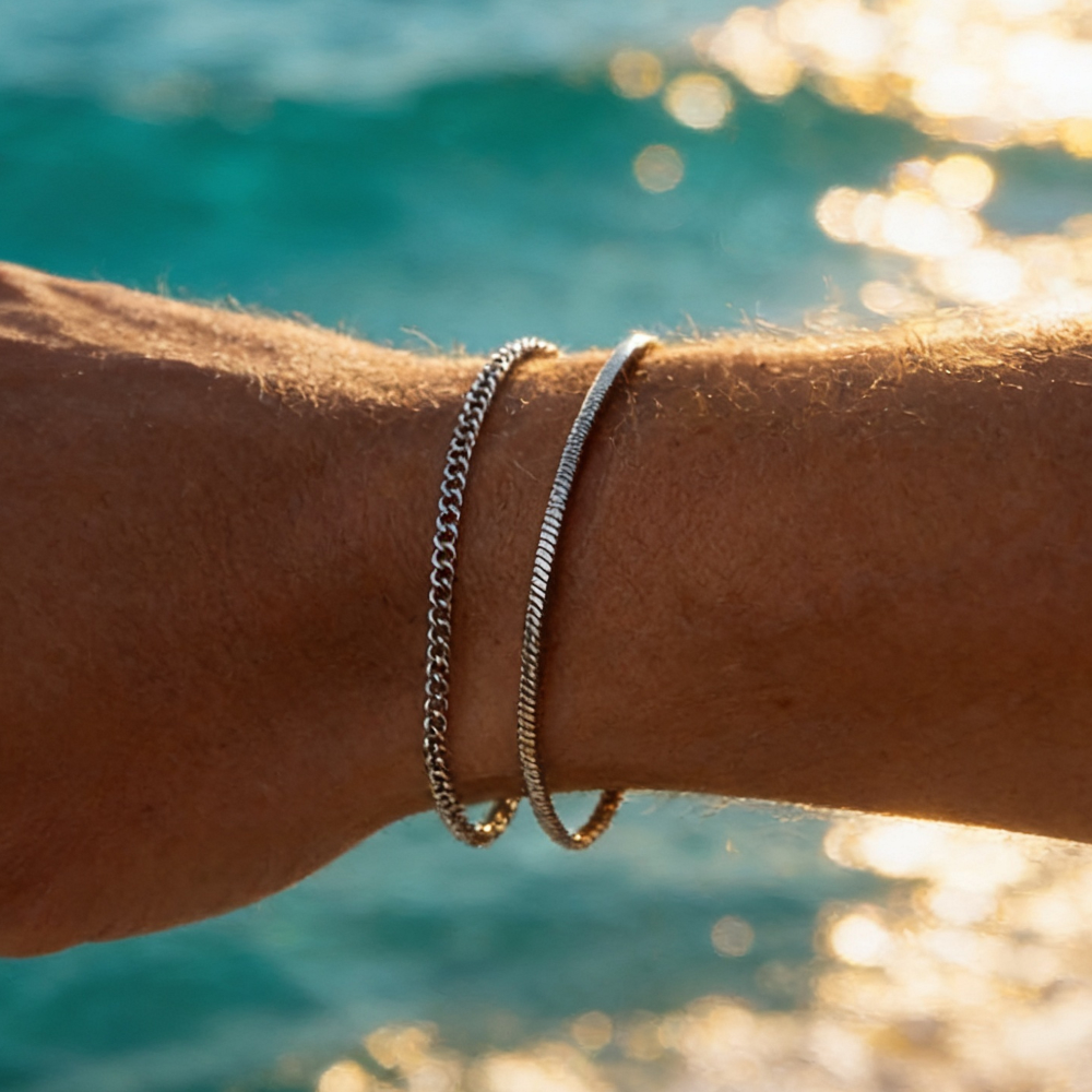 Men's thin chain bracelet set, adjustable & stackable. Minimalist fashion accessory for everyday wear.