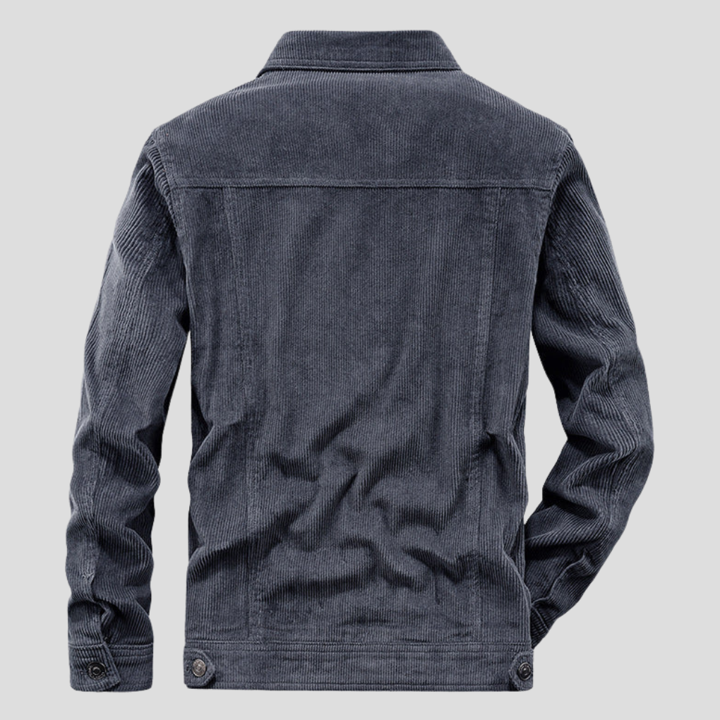 Stylish men's corduroy button-up jacket. Thin cut design offers a classic layered look for fall and spring fashion.