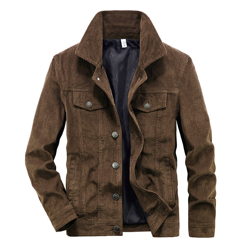 Men's slim fit corduroy jacket. This button-up outerwear is perfect for creating a sharp, layered look in any season.