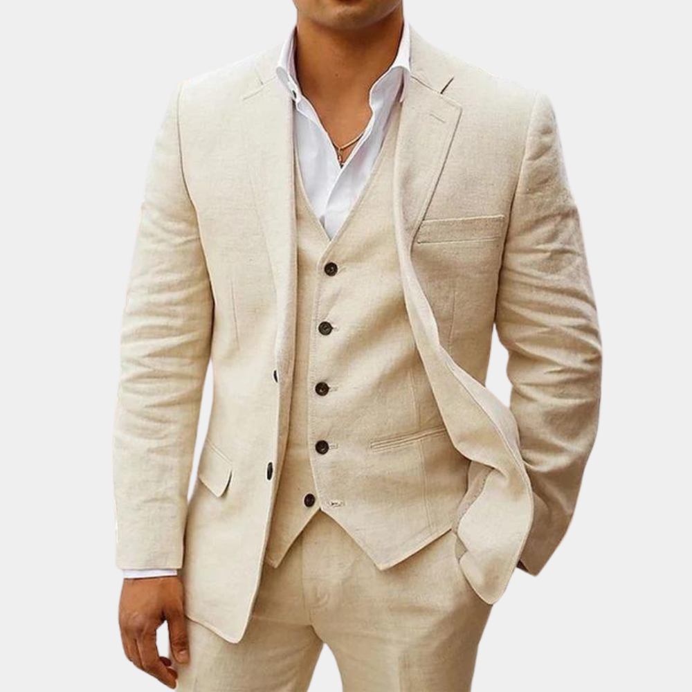 Men's three-piece tailored wedding suit with notch lapel, perfect for grooms & formal events.