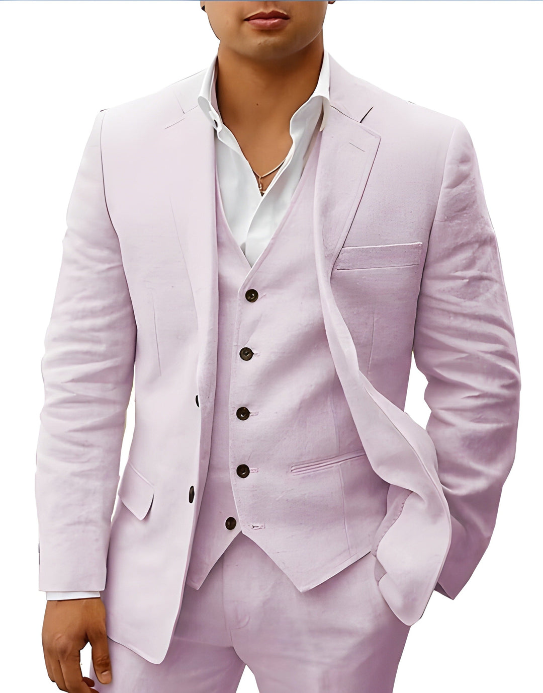 Groom's tailored three-piece wedding suit, slim-fit with notch lapel & matching waistcoat.