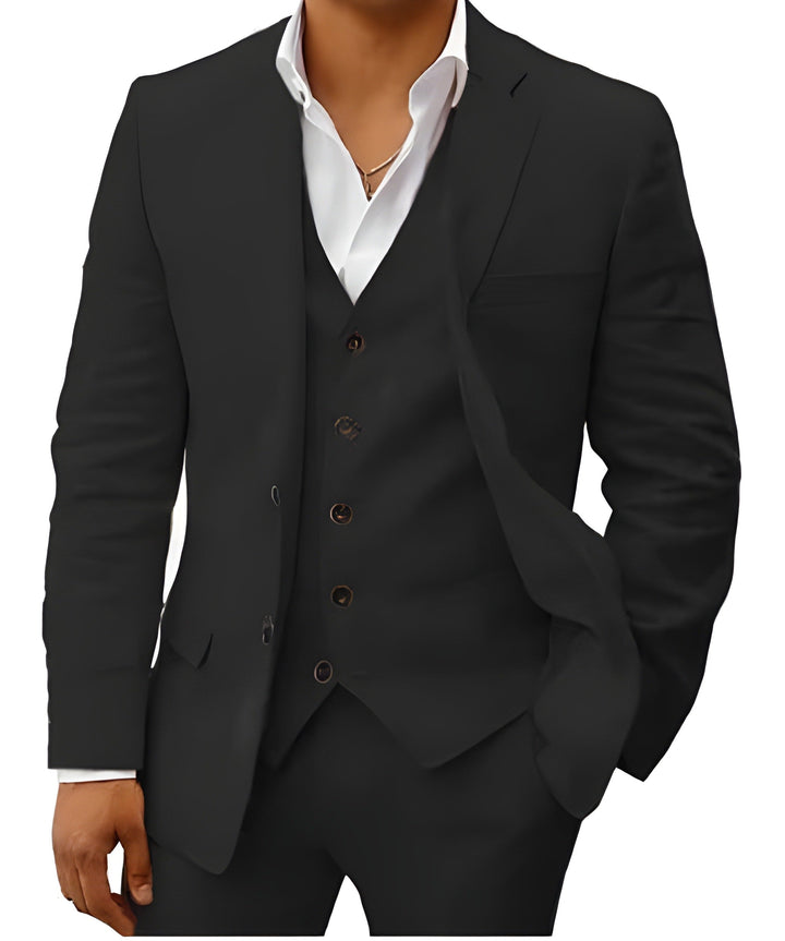 Stylish men's three-piece party suit, tailored slim-fit with notch lapel, ideal for special occasions.