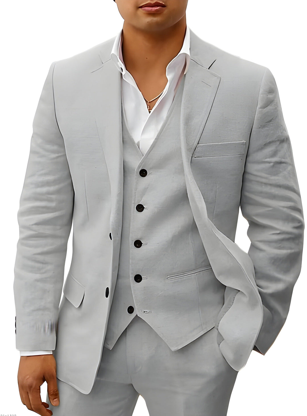Full view of a men's three-piece tailored wedding suit ensemble with notch lapel & waistcoat.