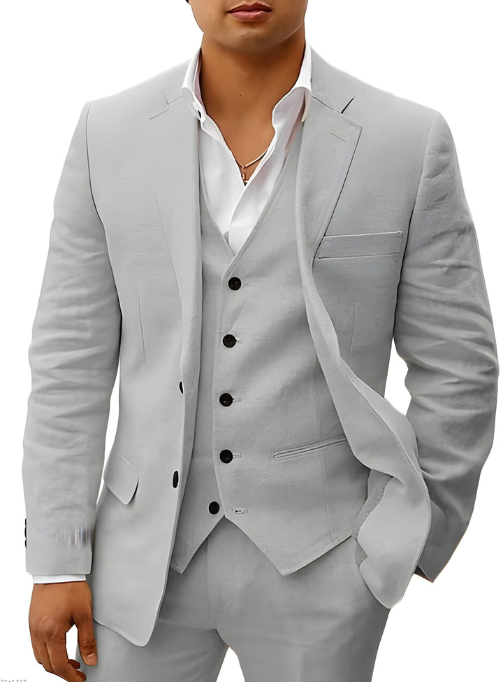 Full view of a men's three-piece tailored wedding suit ensemble with notch lapel & waistcoat.