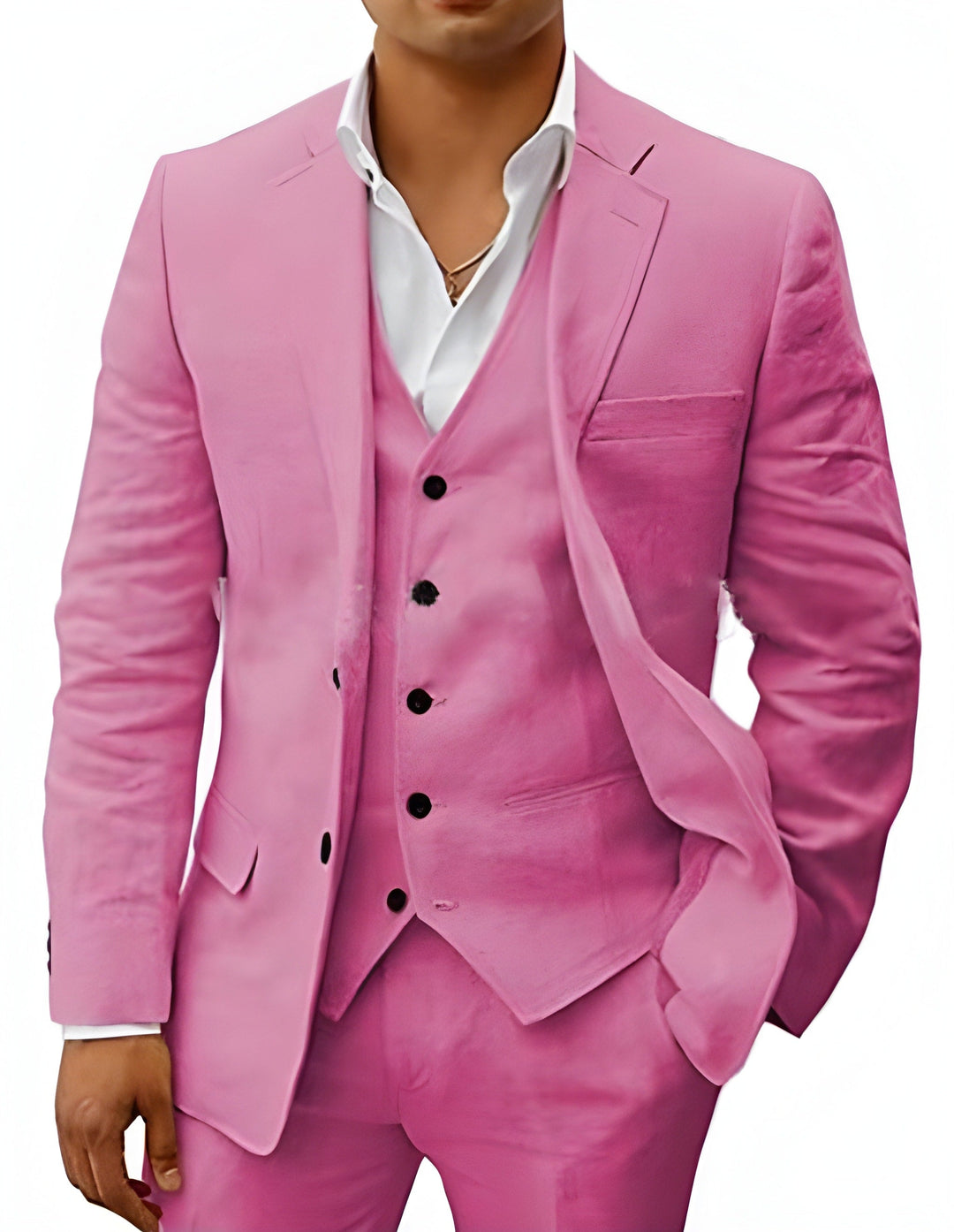 Close-up of notch lapel & fabric detail on a men's tailored three-piece wedding suit.