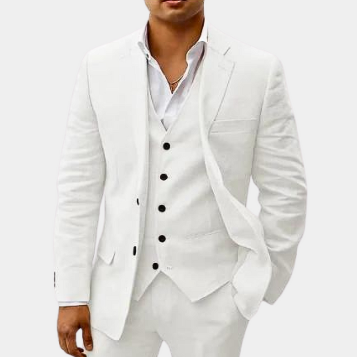 Men's formal three-piece suit with classic notch lapel, ideal for weddings & business wear.