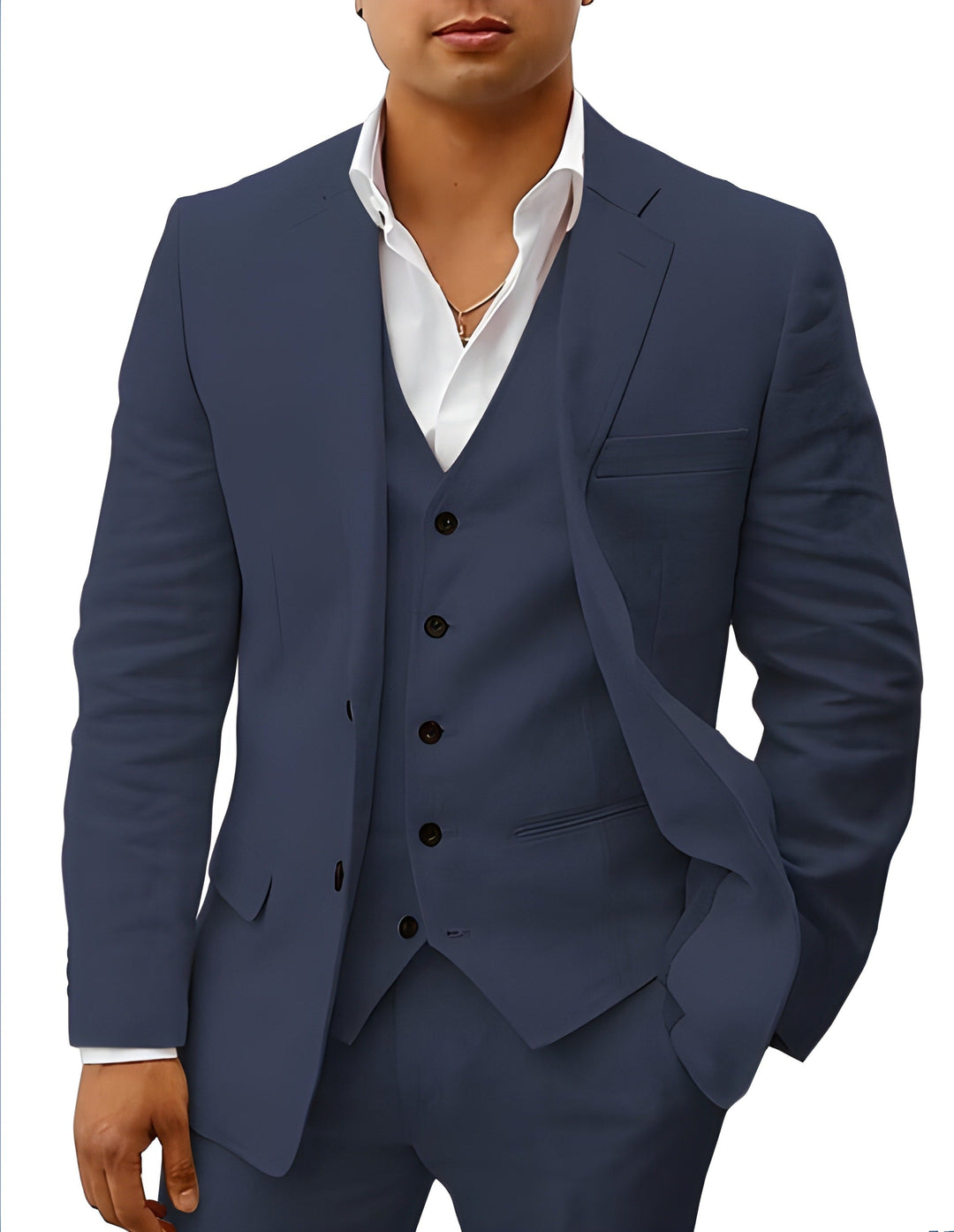 Modern men's fashion: three-piece tailored suit with notch lapel, perfect for weddings & parties.