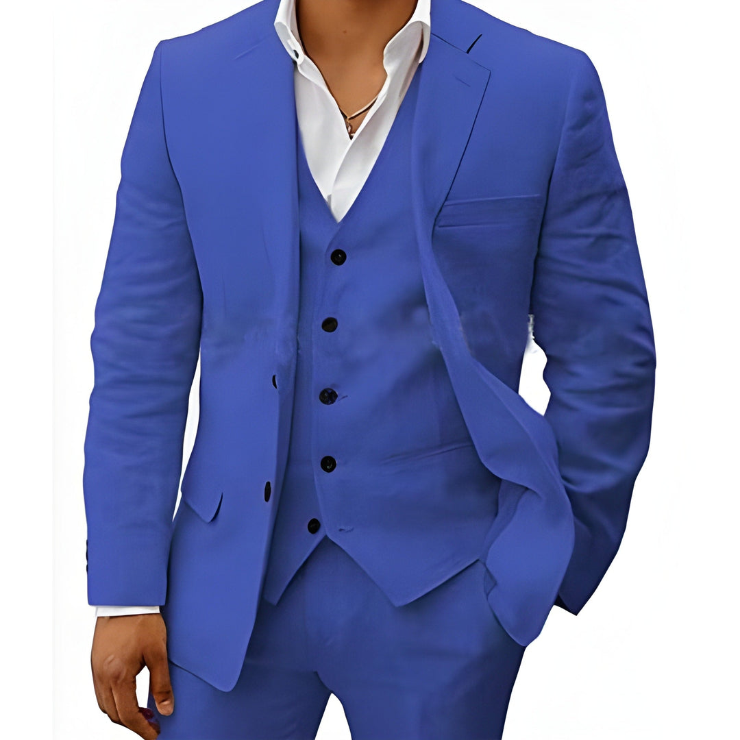 Sophisticated men's three-piece suit, slim-fit & tailored for weddings, with a notch lapel.