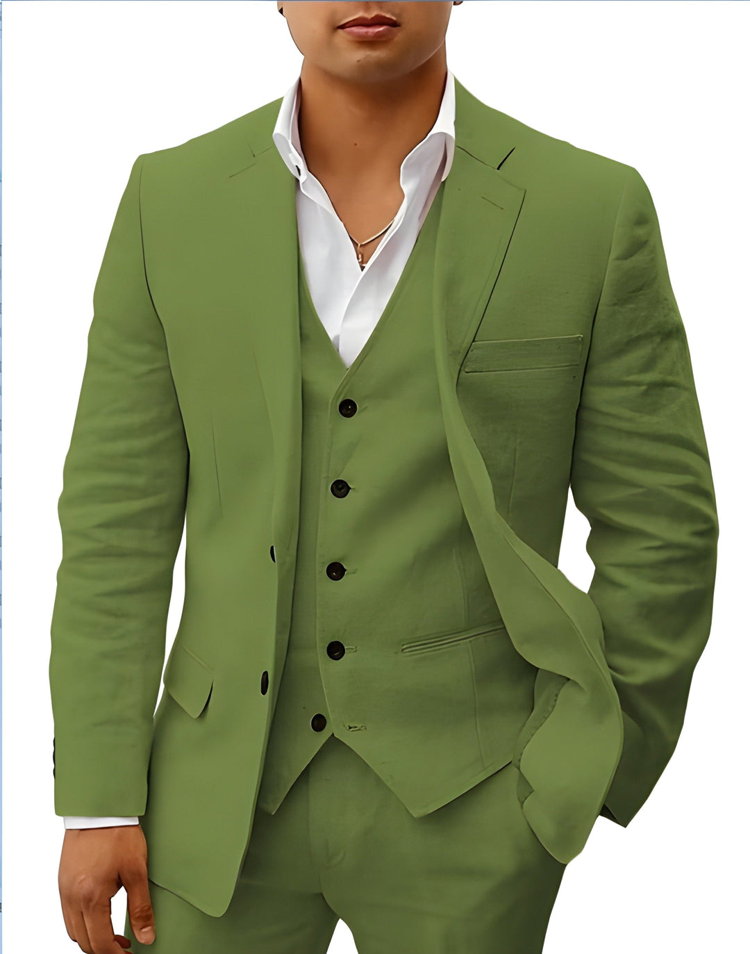 Men's formal three-piece suit with waistcoat & notch lapel jacket, tailored for weddings & events.