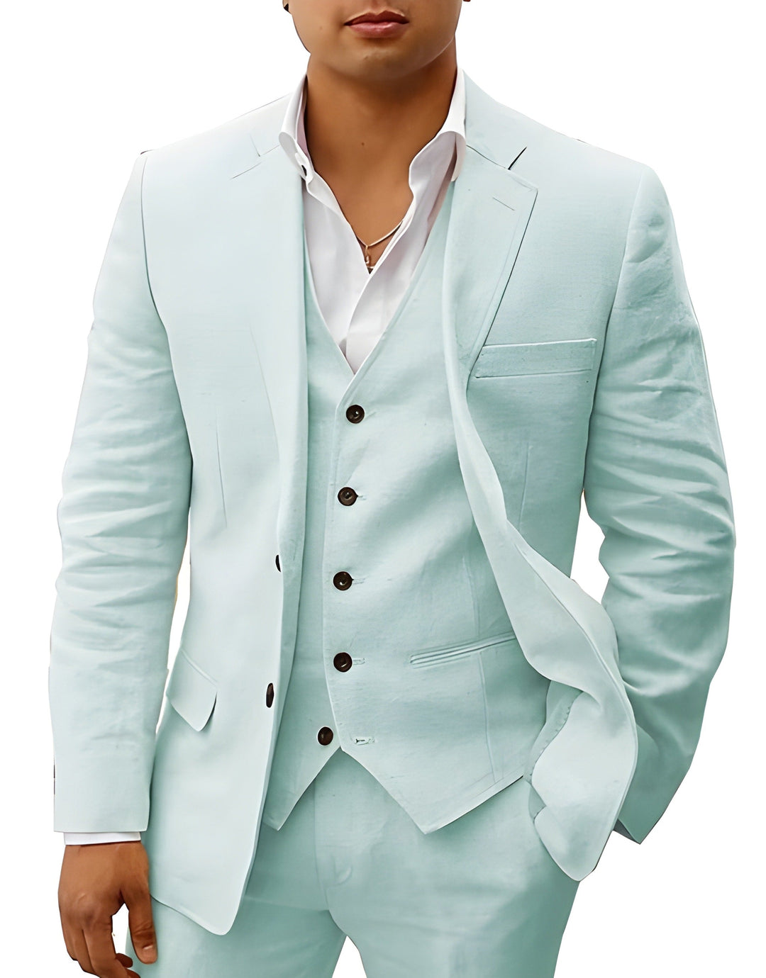 Versatile men's tailored three-piece suit with notch lapel for weddings, business & formal occasions.