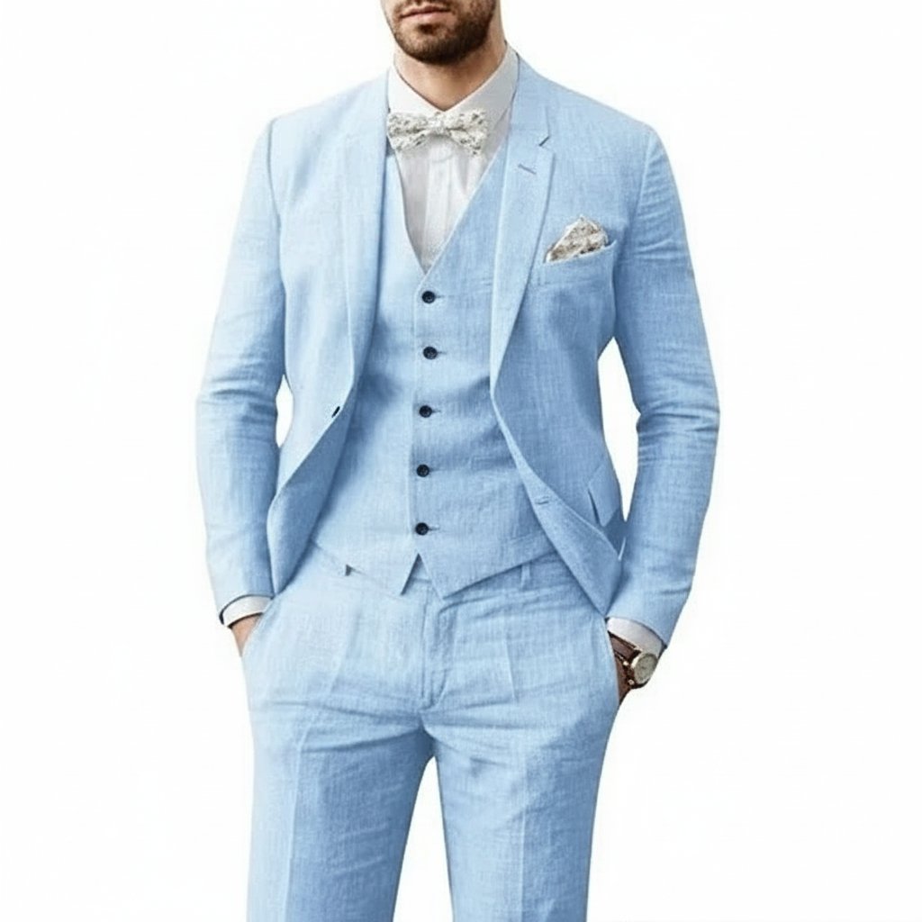 Men's three-piece wedding suit in a light color, ideal for summer formal events & groom attire.