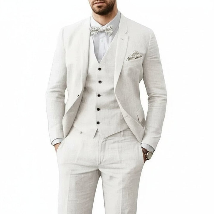 Light blue three-piece men's summer wedding suit, perfect for groom or special occasions.
