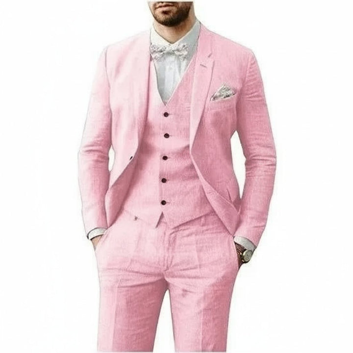 Stylish navy blue three-piece men's suit for summer formal wear & wedding guest attire.
