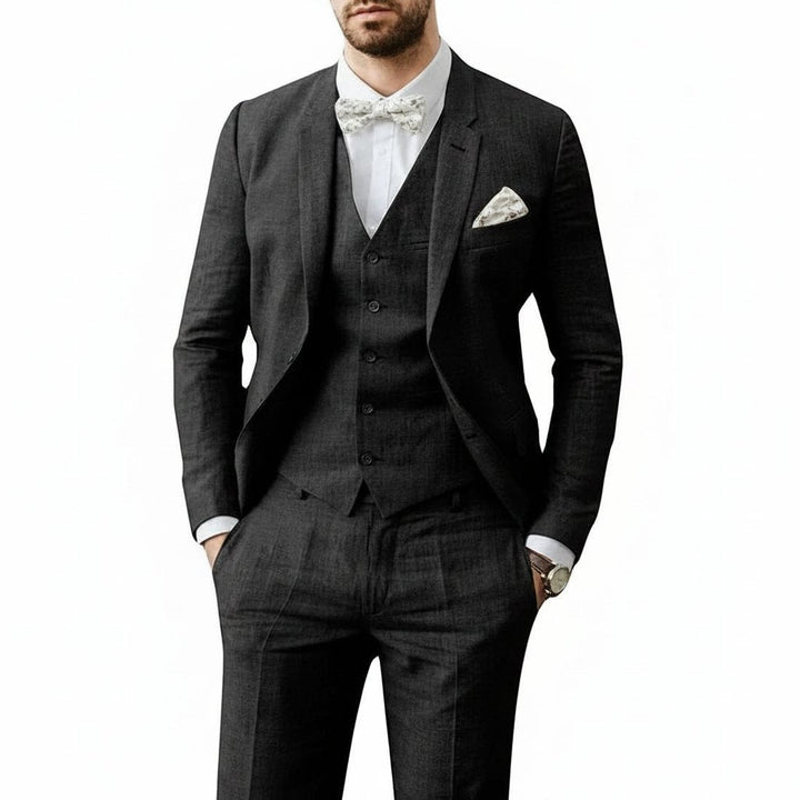 Formal men's three-piece wedding suit for summer events, comfortable groom attire option.