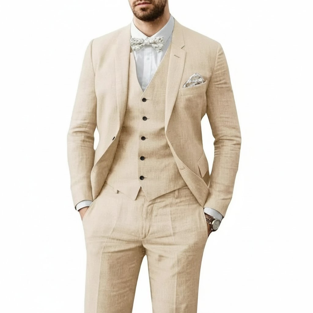 Versatile three-piece men's summer suit, suitable for weddings, parties, & formal occasions.