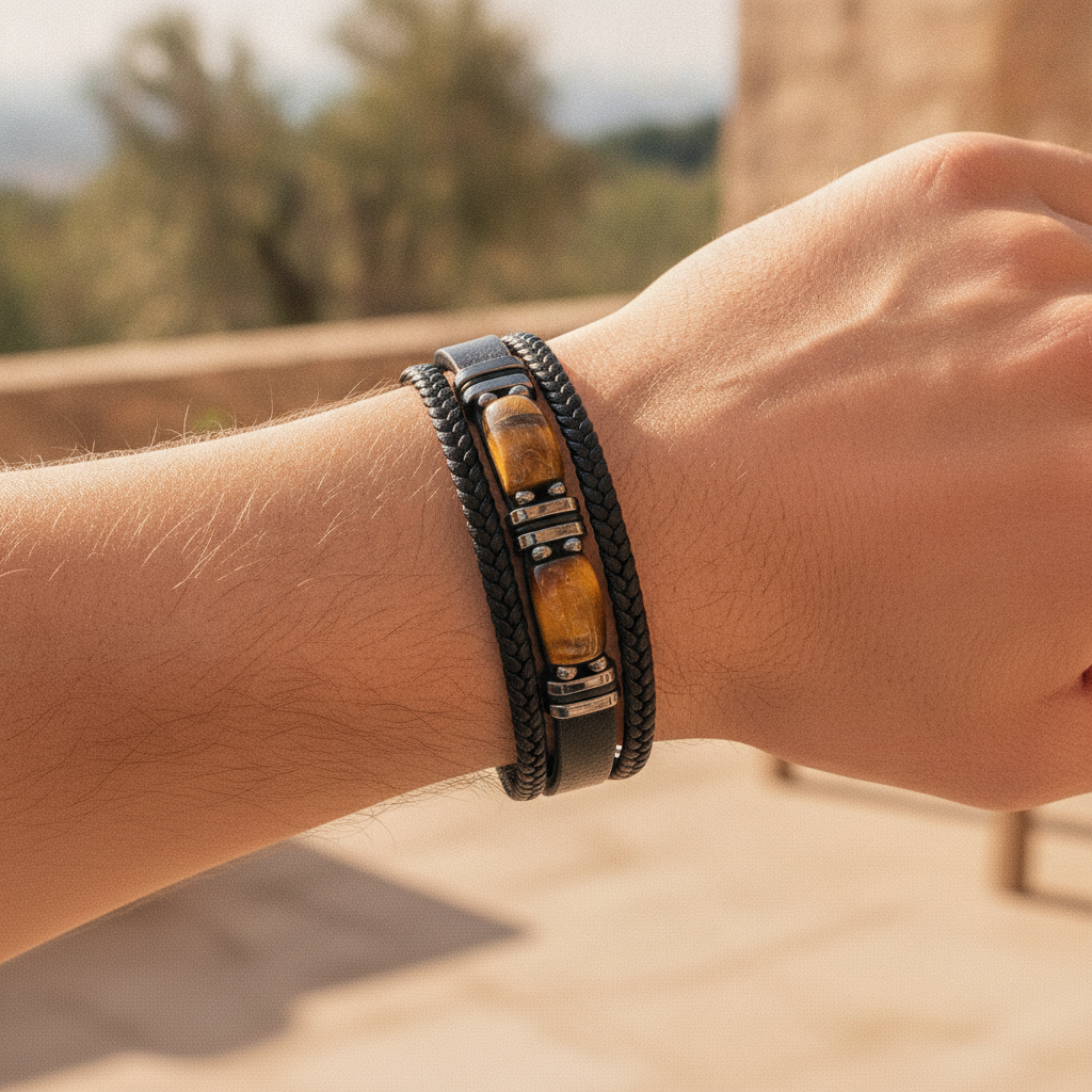 Men's Tiger Eye Multilayer Bracelet. Natural stone beads & braided leather. Bold casual wristwear accessory.