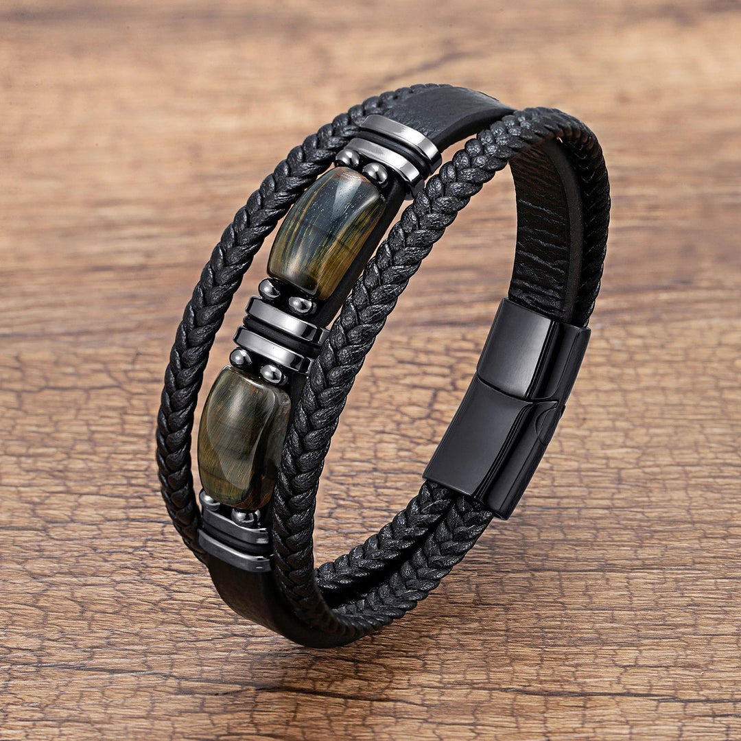 Premium men's tiger eye multilayer bracelet. Natural stones, braided style, and sturdy stainless steel clasp.