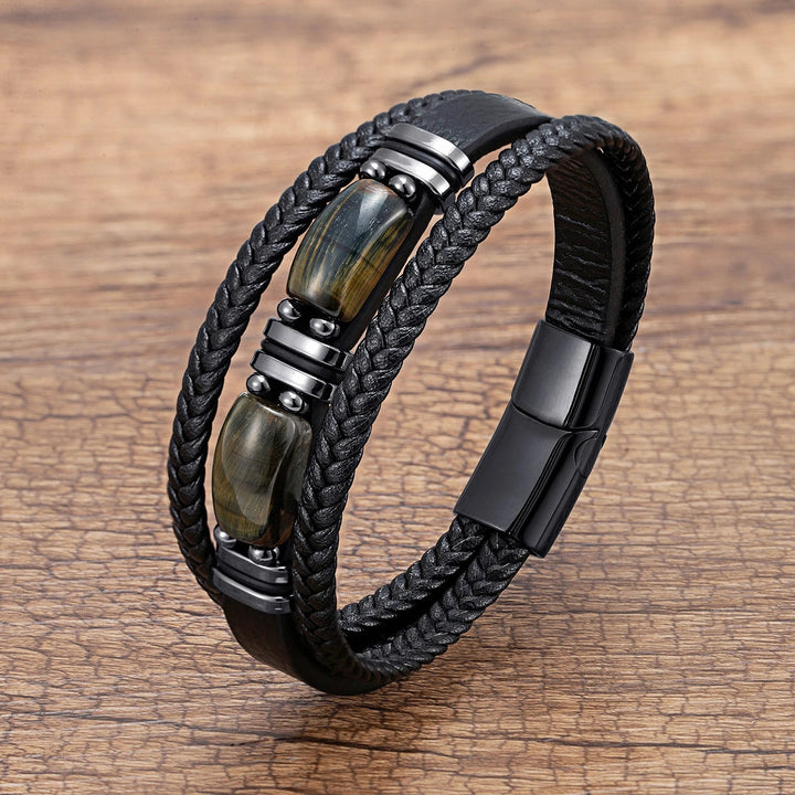 Premium men's tiger eye multilayer bracelet. Natural stones, braided style, and sturdy stainless steel clasp.