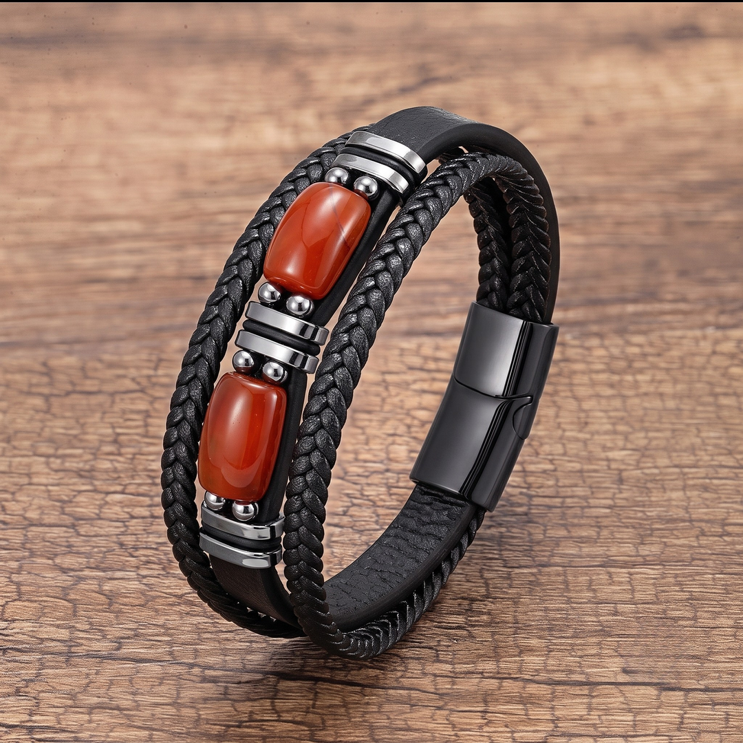 Casual yet sophisticated men's tiger eye bracelet. Multilayer natural stone and braided leather for wristwear.