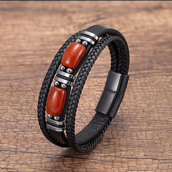Casual yet sophisticated men's tiger eye bracelet. Multilayer natural stone and braided leather for wristwear.