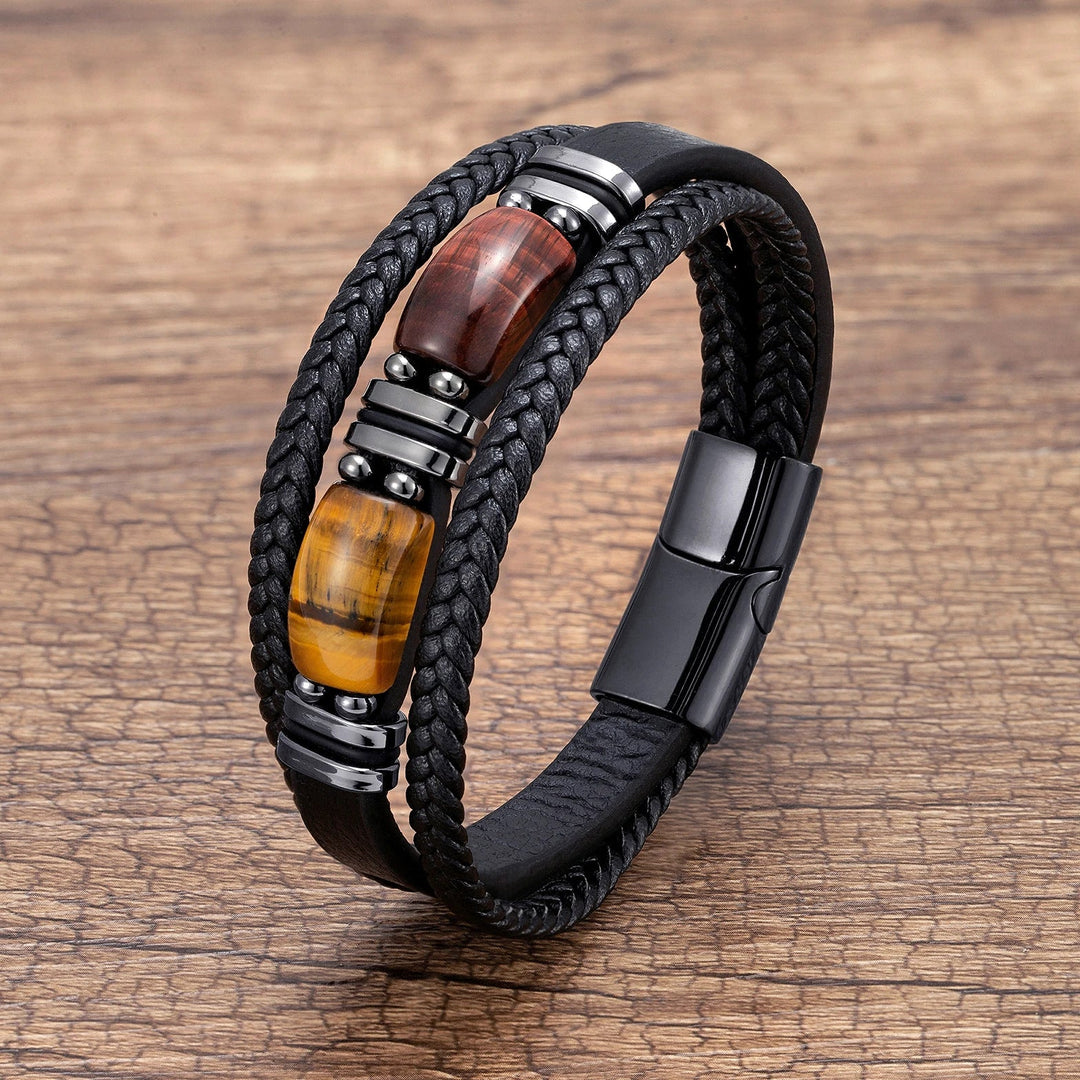 Multilayer mens bracelet, tiger eye natural stone beads, braided design & stainless steel clasp. Stylish jewelry.