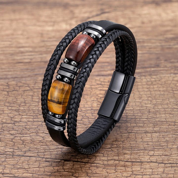 Multilayer mens bracelet, tiger eye natural stone beads, braided design & stainless steel clasp. Stylish jewelry.