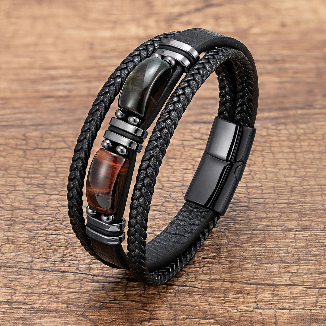 Close-up of a men's tiger eye multilayer bracelet, highlighting the natural stone patterns and braided details.